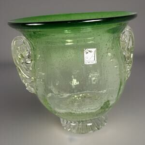 Amici Glass Vase Green Urn Hand Molded Blown Bowl Bubbles MCM Two Handled Cache